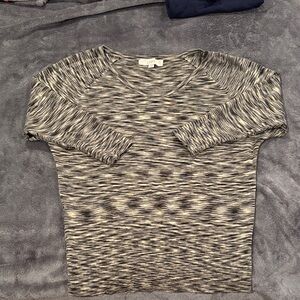 LOFT Women's Black and Cream Patterned 3/4 Sleeve Sweater Top